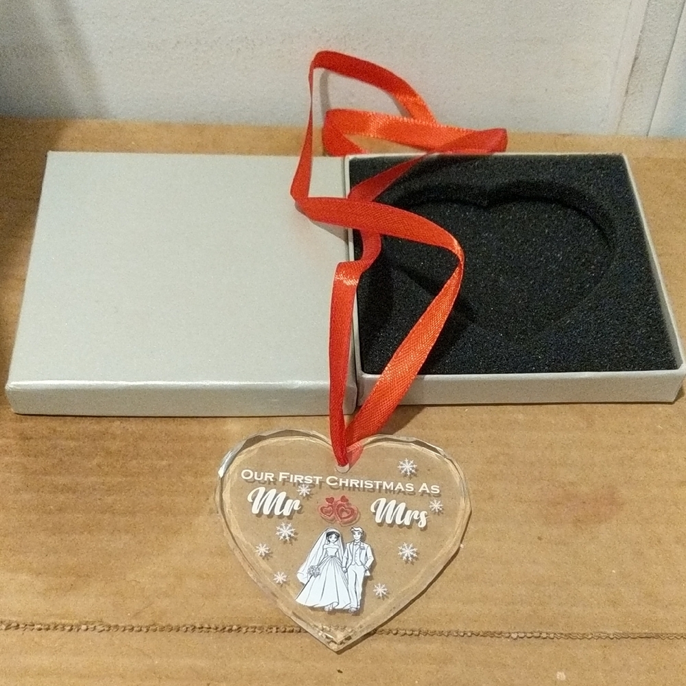 Heart-Shaped Mr. & Mrs. First Christmas🎄 Glass Christmas Ornament W/Red Ribbon